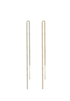 Paire de boucles d’oreilles fines en chaîne dorée avec extrémités droites en barre, conçues pour se porter à travers les oreilles percées.