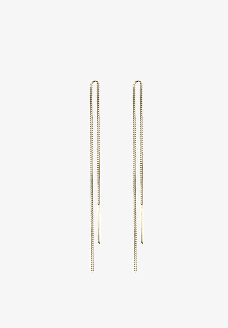 Paire de boucles d’oreilles fines en chaîne dorée avec extrémités droites en barre, conçues pour se porter à travers les oreilles percées.