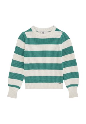 Zielono-biały szeroki sweter w poziome paski, wykonany na drutach, z długimi bufianymi rękawami oraz prążkowanym, okrągłym dekoltem i mankietami.