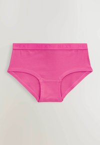 Mutandine boyshort in cotone rosa con un ampio elastico in vita caratterizzato da un logo "NEXT" in rilievo. Cuciture piatte e una texture liscia.