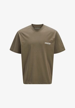 Tricou din bumbac verde măsliniu, cu guler rotund și mâneci scurte. Prezintă un mic logo alb imprimat pe piept. Textură fină și croială relaxată.