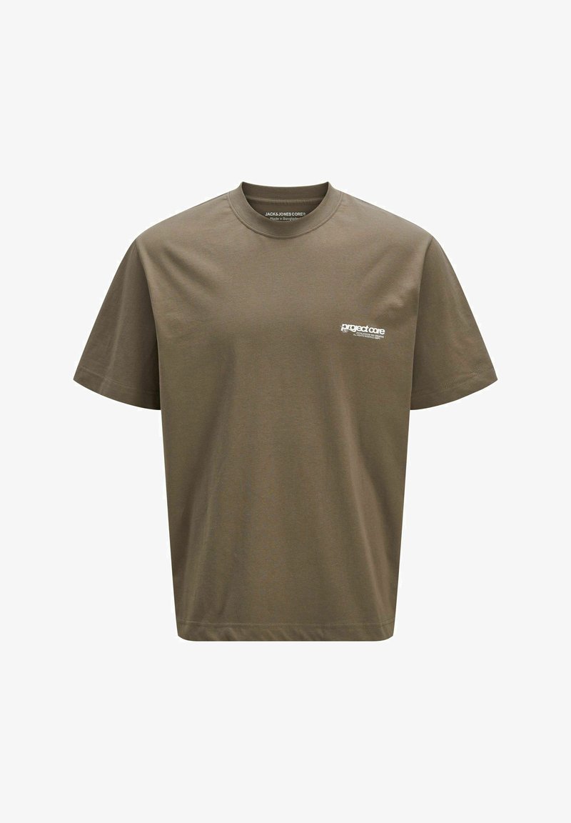 Olivgrünes Baumwoll-T-Shirt mit Rundhalsausschnitt und kurzen Ärmeln. Verfügt über ein kleines weißes Logo, das auf der Brust gedruckt ist. Glatte Textur und lockere Passform.