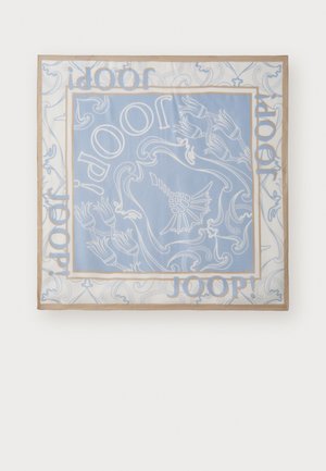 Light blue scarf featuring a floral and wave pattern in white, bordered with a beige design and repeated textured branding.