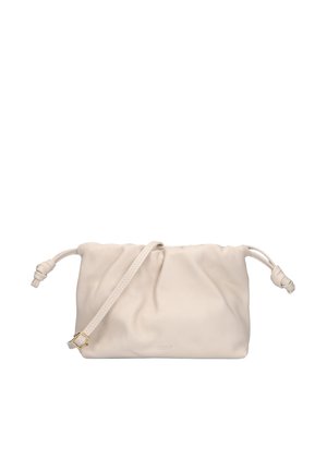 Soft beige leather clutch with a knotted drawstring closure on both sides and a matching adjustable shoulder strap.