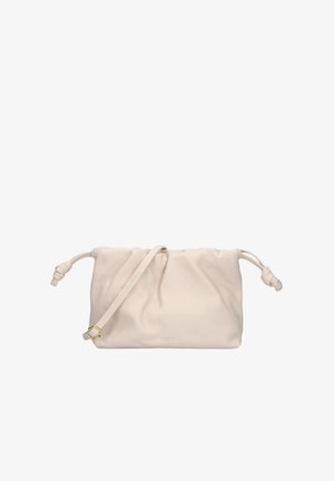 Zachte beige leren clutch met een geknoopte trekkoordsluiting aan beide zijden en een bijpassende verstelbare schouderriem.