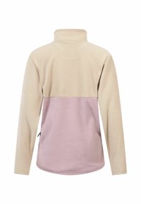 Fleece bovenstuk in beige en lichtpaars, met een hoge kraag, lange mouwen en een soepele textuur met een effen kleurenblokontwerp.