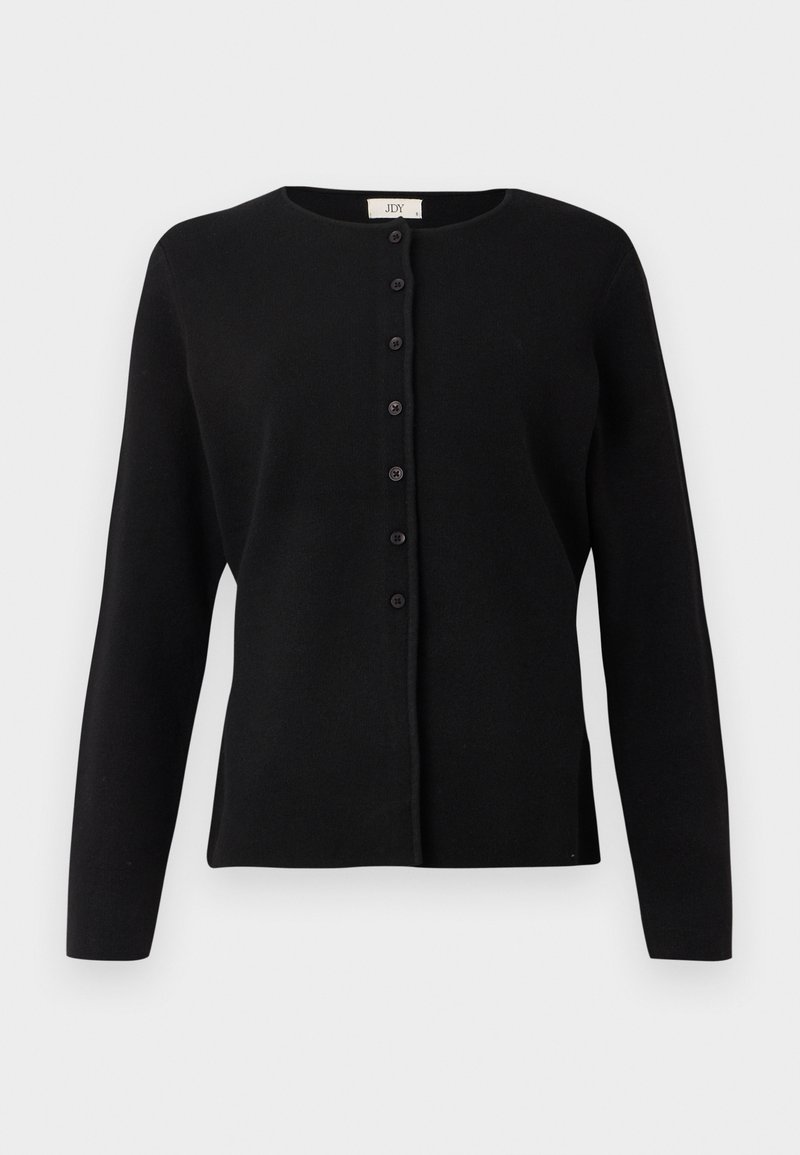 Czarny kardigan wykonany z miękkiego materiału, z okrągłym dekoltem, długimi rękawami i zapięciem na guziki z przodu, z pasującymi guzikami.