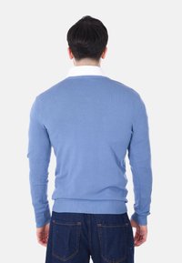 Uomo che indossa un maglione azzurro chiaro sopra una camicia bianca con colletto, abbinato a jeans blu scuro, visto da dietro su uno sfondo chiaro e neutro.