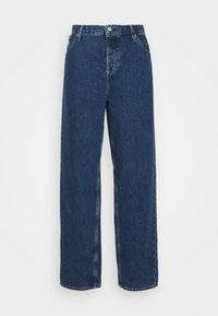 Temno modri zarobljeni jeans širokega kroja z visokim pasom, z gumbom in zadrgo, petimi žepi in ravnim krojem od bokov do roba.