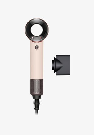 Moderne bladenloze föhn met een cilindrisch roségoud lichaam, een cirkelvormige luchtstroomkop, een aan/uit-knop en een aparte zwarte concentratormond.