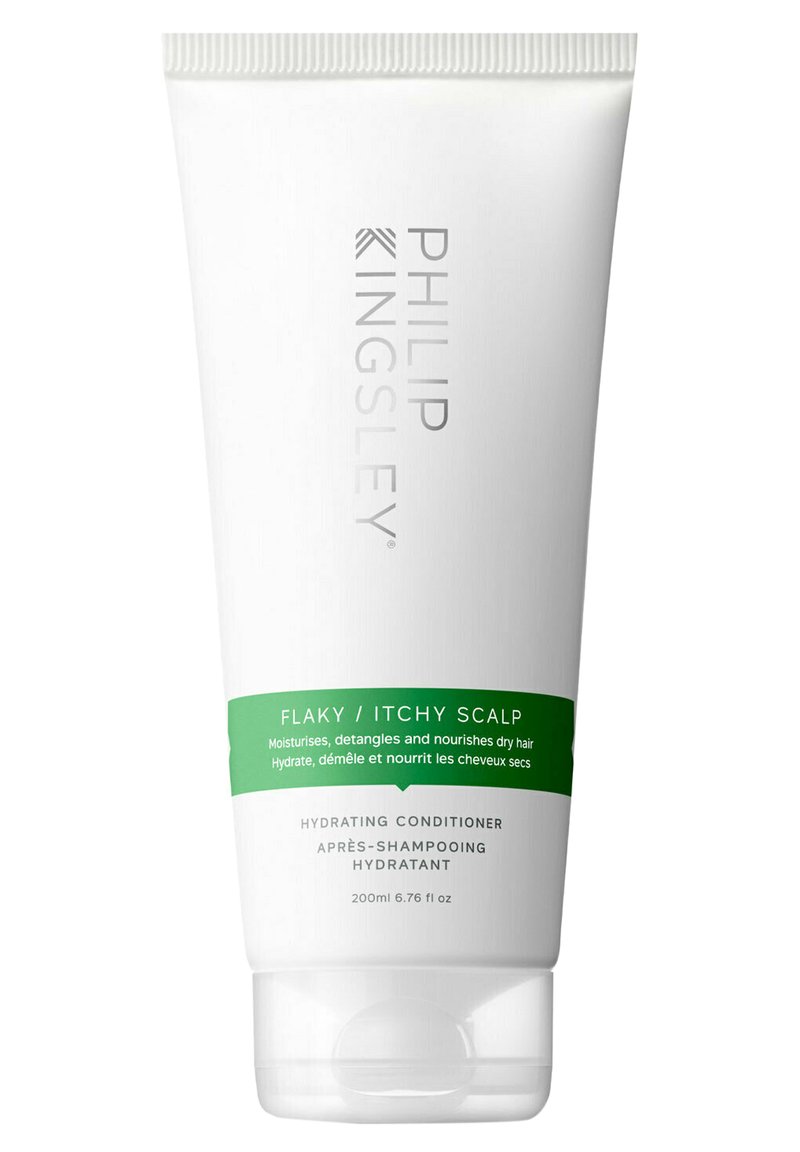Weißer Plastiktube mit grünem Etikett, 200 ml Füllmenge, mit dem "PHILIP KINGSLEY"-Logo und Text für einen feuchtigkeitsspendenden Conditioner für schuppige Kopfhaut.