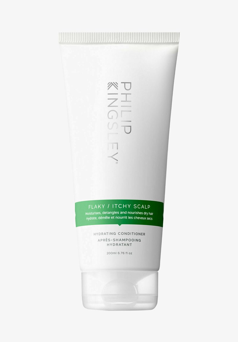 White plastic tube with a green label, 200ml capacity, featuring "PHILIP KINGSLEY" logo and text for a hydrating conditioner for flaky scalps.