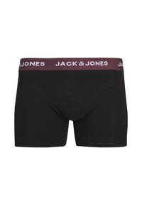 Black boxer briefs made of cotton with a maroon elastic waistband, featuring white "JACK & JONES" text. Solid color, fitted design.