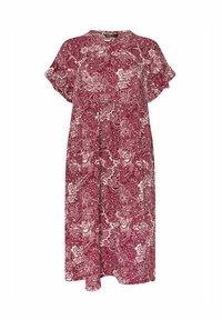 Mörkröd blommig klänning med korta ärmar, rund halsringning och löst snitt. Har ett vitt blommönster och mjuk tygstruktur.