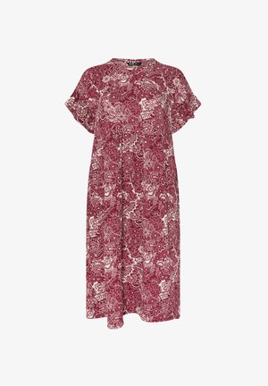 Bordeauxfarbenes Blumenkleid mit kurzen Ärmeln, rundem Ausschnitt und lockerer Passform. Mit einem weißen Blumenmuster und weichem Stoff.