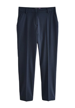 Marineblaue, maßgeschneiderte Hose mit geradem Bein, Gürtelschlaufen, Seitentaschen und Frontreißverschluss, dargestellt vor weißem Hintergrund.