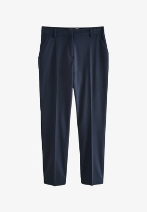 Marineblaue, maßgeschneiderte Hose mit geradem Bein, Gürtelschlaufen, Seitentaschen und Frontreißverschluss, dargestellt vor weißem Hintergrund.