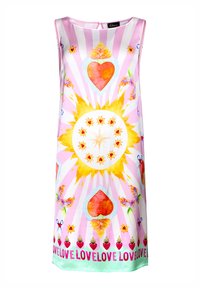 Ärmelloses Kleid aus buntem, seidig-leichter Stoff mit Motiven von Sonne, Herz und Schmetterling. Hauptsächlich pink mit gelben, roten und grünen Akzenten.