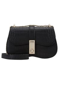 Czarna torebka z ekologicznej skóry krokodyla z zapięciem w złotym kolorze, łańcuszkowym paskiem i ćwiekami. Posiada zapięcie na klapkę oraz teksturowaną powierzchnię.