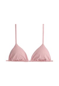 Haut de bikini triangle à fines rayures rouges et blanches avec bretelles fines et ourlet froncé.