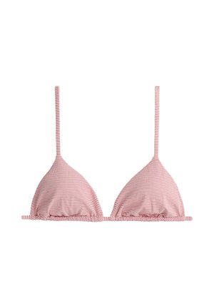 Rotes und weißes, schmal gestreiftes Triangel-Bikinioberteil mit dünnen Schulterträgern und gerafftem Saum.