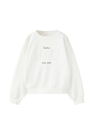 Sweat-shirt blanc à manches longues avec bords-côtes aux poignets et à l’ourlet, avec le texte "how LUCKY we are" à l’avant en polices mixtes.
