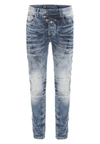 Denim jeans in vervaagde blauw met een slim fit, voorzien van meerdere knopen, unieke stikpatronen en een verwerkte textuur op de dijen.