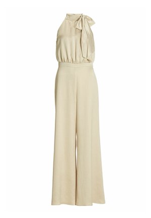 Beiger Jumpsuit mit hohem Kragen und Schleifendetail, mit locker sitzenden, weit geschnittenen Beinen und einer taillierten Taille für eine schöne Form. Glatte Textur.