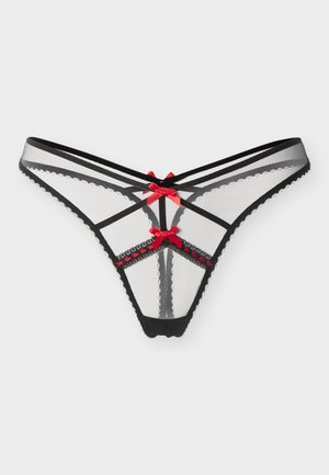 Μαύρο διαφανές σχοινάκι από δίχτυ με κόκκινους σατέν φιόγκους και διακοσμητικές λεπτομέρειες στα λουράκια σε φωτεινό φόντο.