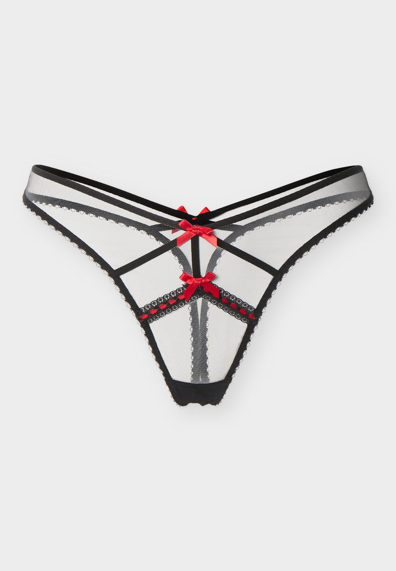 Μαύρο διαφανές σχοινάκι από δίχτυ με κόκκινους σατέν φιόγκους και διακοσμητικές λεπτομέρειες στα λουράκια σε φωτεινό φόντο.