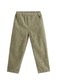 Pantaloni in corduroy verde con cintura elastica e piccolo motivo floreale rosa. Presentano tasche laterali e gambe affusolate.