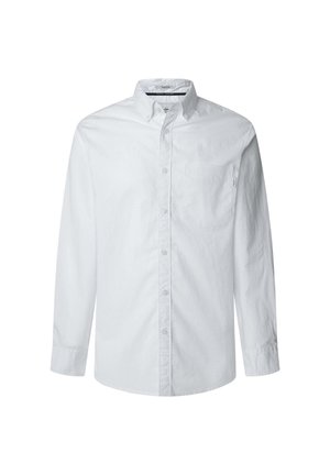 White long-sleeve button-up shirt with a spread collar, single chest pocket, and subtle texture. Features pearly buttons along the front.