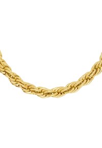 Halskette aus goldfarbener geflochtener Kette mit einem abgerundeten, strukturierten Design. Sie verfügt über miteinander verbundene Glieder für einen stimmigen Look.