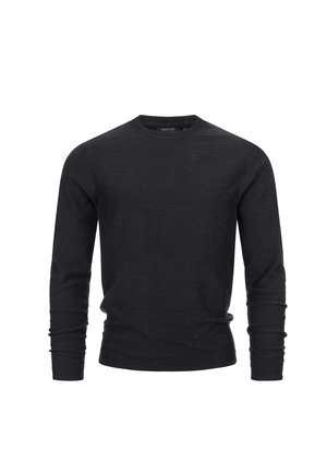 Ciemnoszara swetrowa bluzka z długim rękawem i okrągłym dekoltem, wykonana z teksturowanej dzianiny. Posiada dopasowane mankiety oraz prosty krój u dołu.