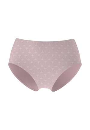 Hellrosa Unterwäsche mit hohem Bund, verziert mit einem wiederholten weißen Fächer-Muster. Weicher Stoff mit glatten Kanten und kaum sichtbaren Nähten.