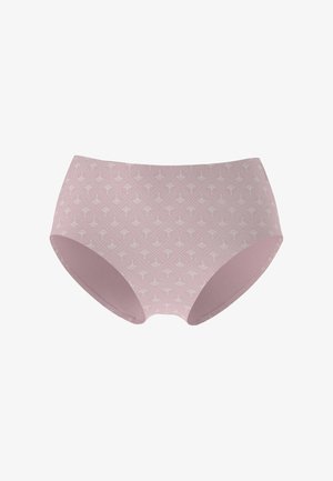 Hellrosa Unterwäsche mit hohem Bund, verziert mit einem wiederholten weißen Fächer-Muster. Weicher Stoff mit glatten Kanten und kaum sichtbaren Nähten.
