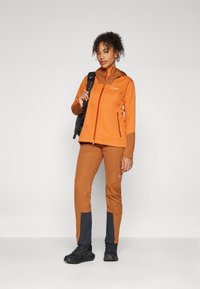 Orange hiking jacket with brown accents, paired with brown pants featuring dark gray panels. Black hiking shoes and a backpack complete the look.