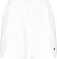 Pantalones cortos blancos con una cintura elástica, con bolsillos laterales y un pequeño logo bordado en rojo y azul en el dobladillo inferior.