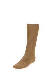 Calcetín marrón de canalé fabricado en material suave, con longitud hasta la pantorrilla, puntera redondeada y puño elástico para un ajuste seguro.