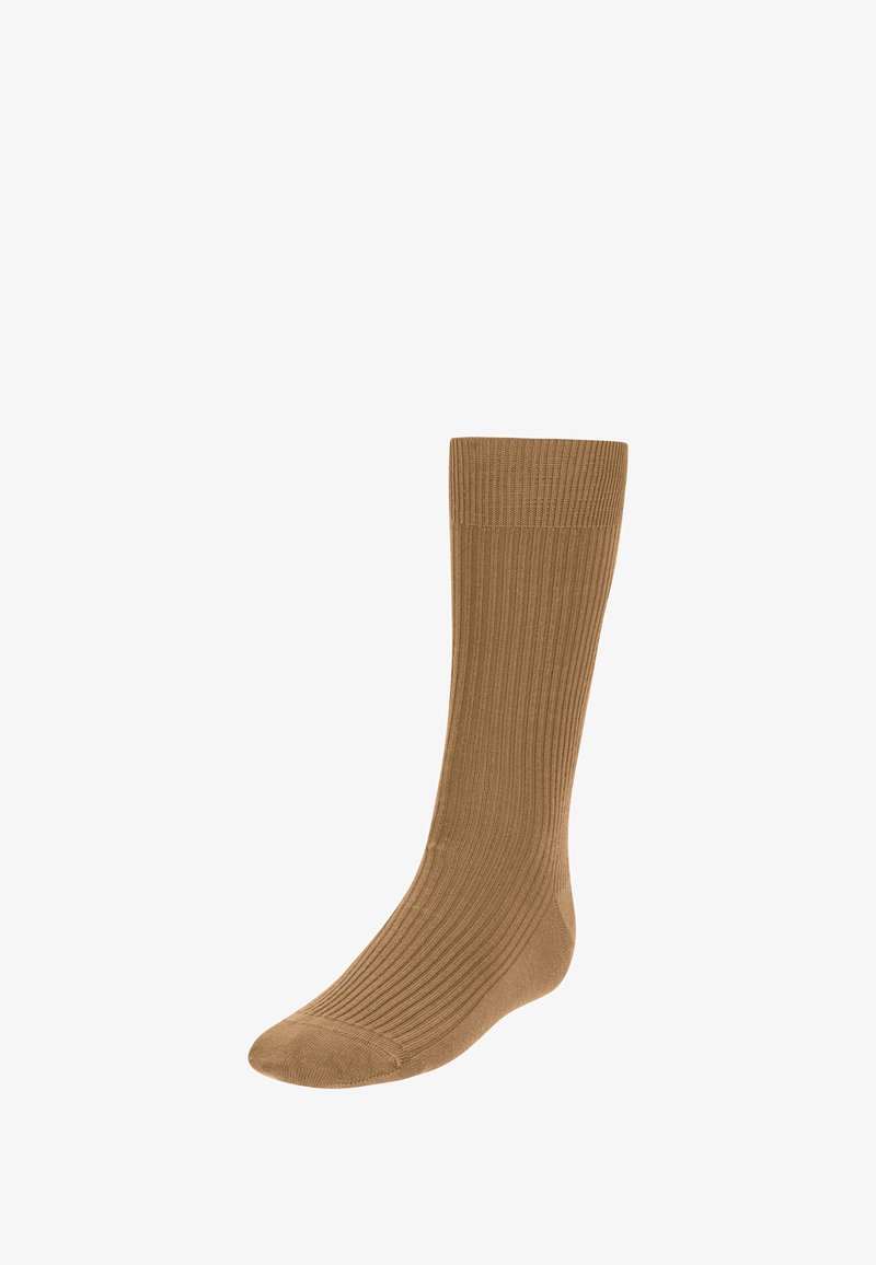 Calcetín marrón de canalé fabricado en material suave, con longitud hasta la pantorrilla, puntera redondeada y puño elástico para un ajuste seguro.