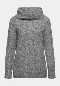 Pull en tricot gris avec un col montant, des manches longues et des poignets côtelés. Le matériau a un motif texturé avec une variation de couleur subtile.