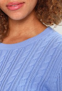 Lichtblauwe gebreide trui met kabelpatronen, voorzien van een ronde halslijn en geribbelde manchetten, met een zachte textuur en gedetailleerd stikwerk.