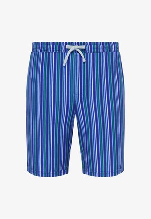 Blaue, grüne und weiße vertikal gestreifte Badeshorts mit elastischem Bund und weißem Kordelzug vorne.