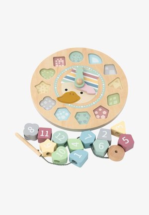 Wooden shape sorter with colorful geometric pieces. Features a duck design, pastel colors, and cut-out shapes including hearts and stars.