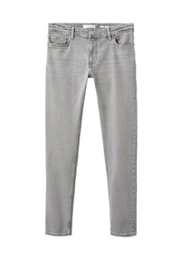 Jeans de denim gris claro de corte ajustado con cierre de botón en la parte frontal, presillas para cinturón y diseño de cinco bolsillos, dispuestos sobre un fondo blanco.