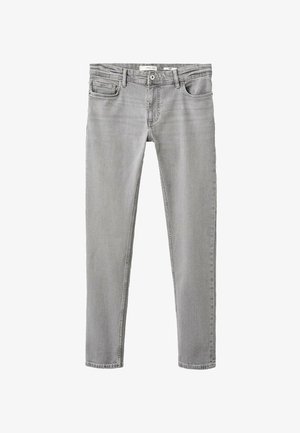 Štíhle pohodlné svetlo šedé džínsy s predným zapínaním na gombík, pútka na opasok a dizajn s piatimi vreckami, položené rovno na bielom pozadí.