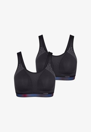 Zwei schwarze Sport-BHs mit breiten Trägern, Netzpaneelen, dezenten geometrischen Mustern und einem blau-roten Farbverlauf-Band mit der Aufschrift "triaction".