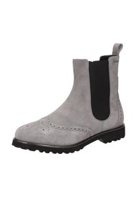 Botte Chelsea en daim gris avec empiècement élastique noir sur le côté, détails de brogue, languette de tirage et semelle rugueuse noire.