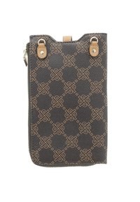 Brown patterned bag with a textured surface, featuring a geometric design in a lighter shade. Includes two gold-tone hardware accents at the top.