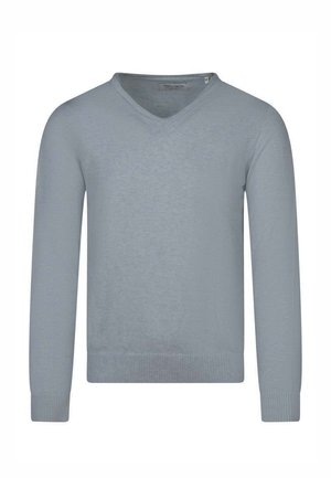 Pull à manches longues gris clair avec col en V, poignets et ourlet côtelés, présentant un nom de marque brodé subtilement sur la poitrine gauche.